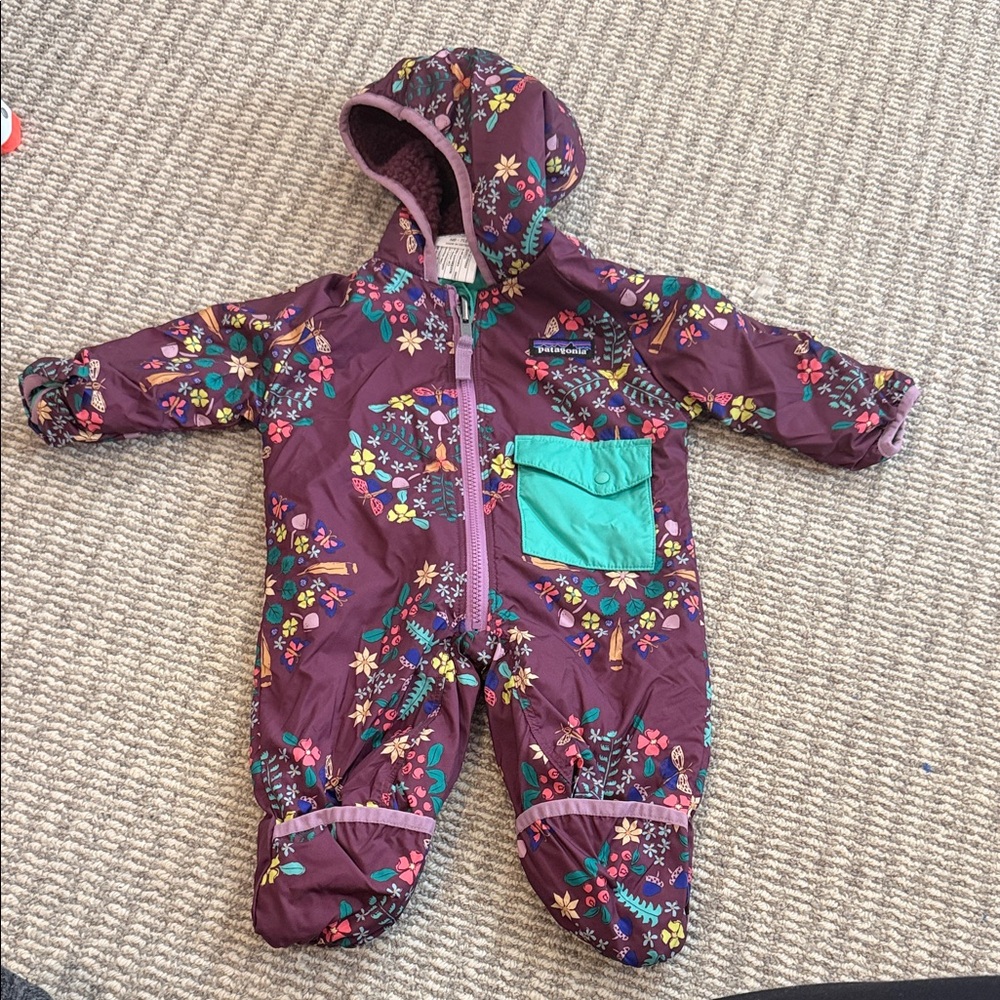 Patagonia Purple Floral Baby Snowsuit with Teal Pocket